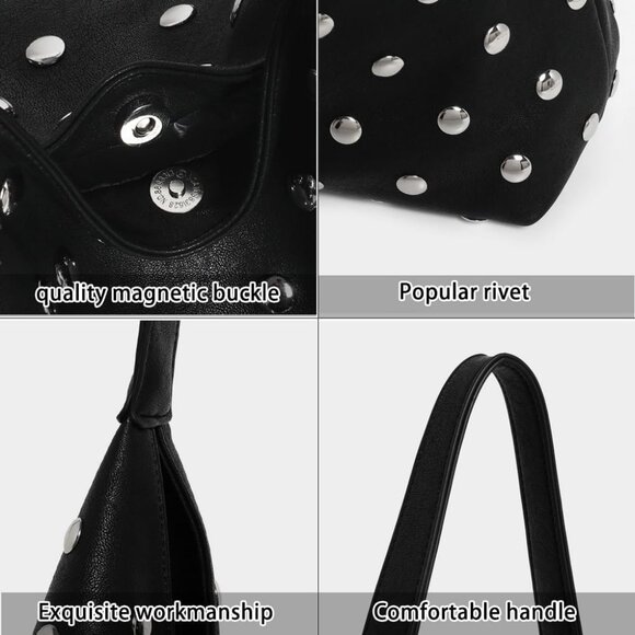 Women's Black Soft Vegan Leather Studded Shoulder Handbag Slouchy Tote Purse - Picture 5 of 6